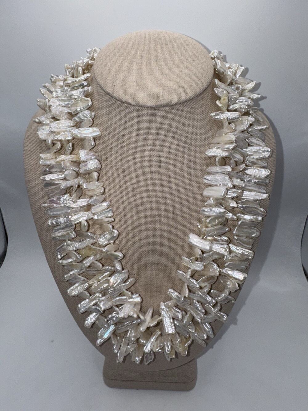 Lucas Lameth Necklace 3-Strand White Biwa Stick Pearls 925 Sterling Silver Clasp